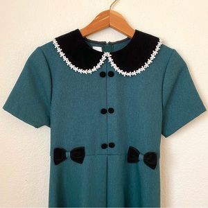 Bonnie Jean Green Girls Dress with Velvet Peter Pan Collar and Detailing